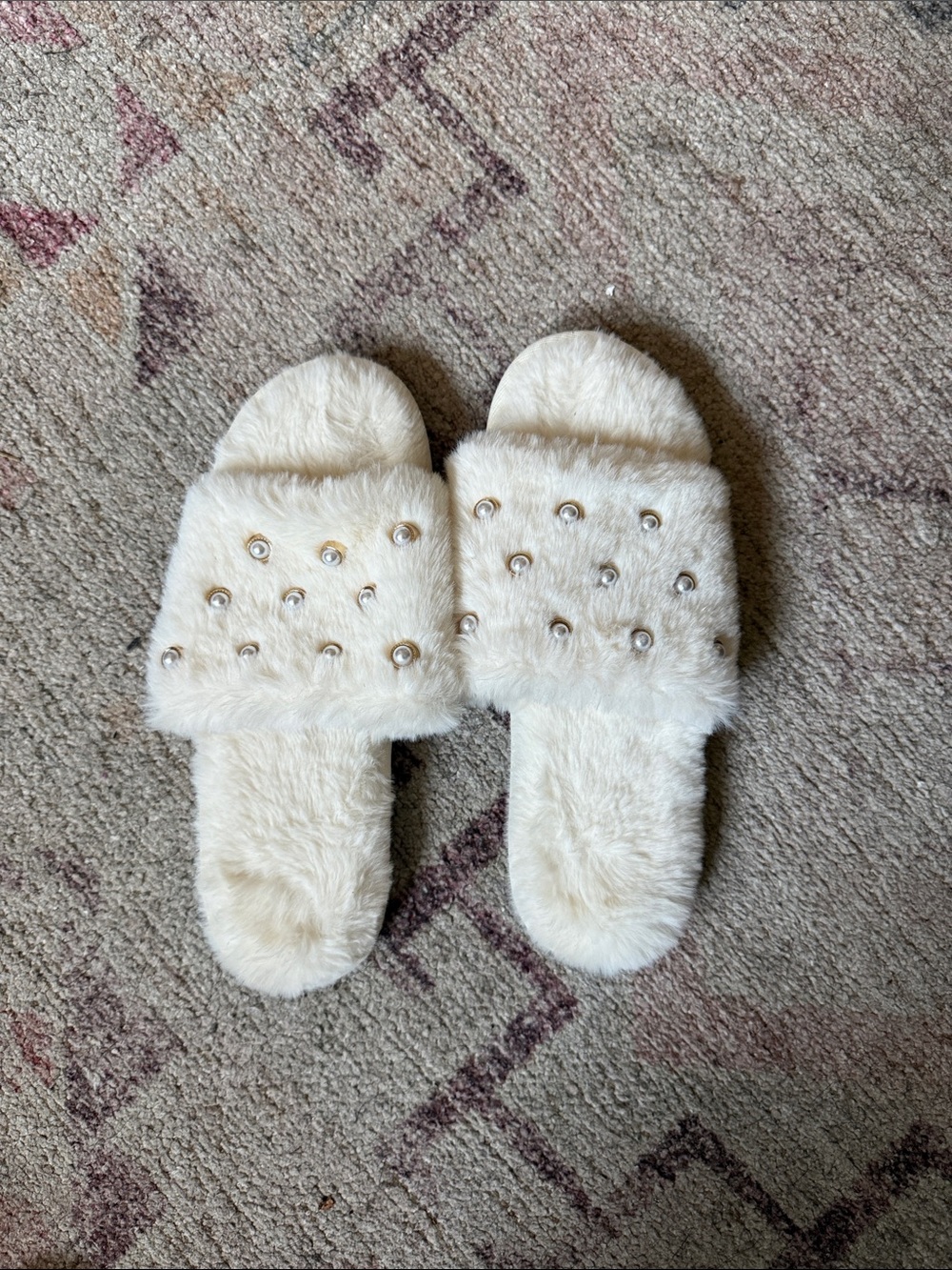 Faux Fur Pearl-Stud Slide Slippers
